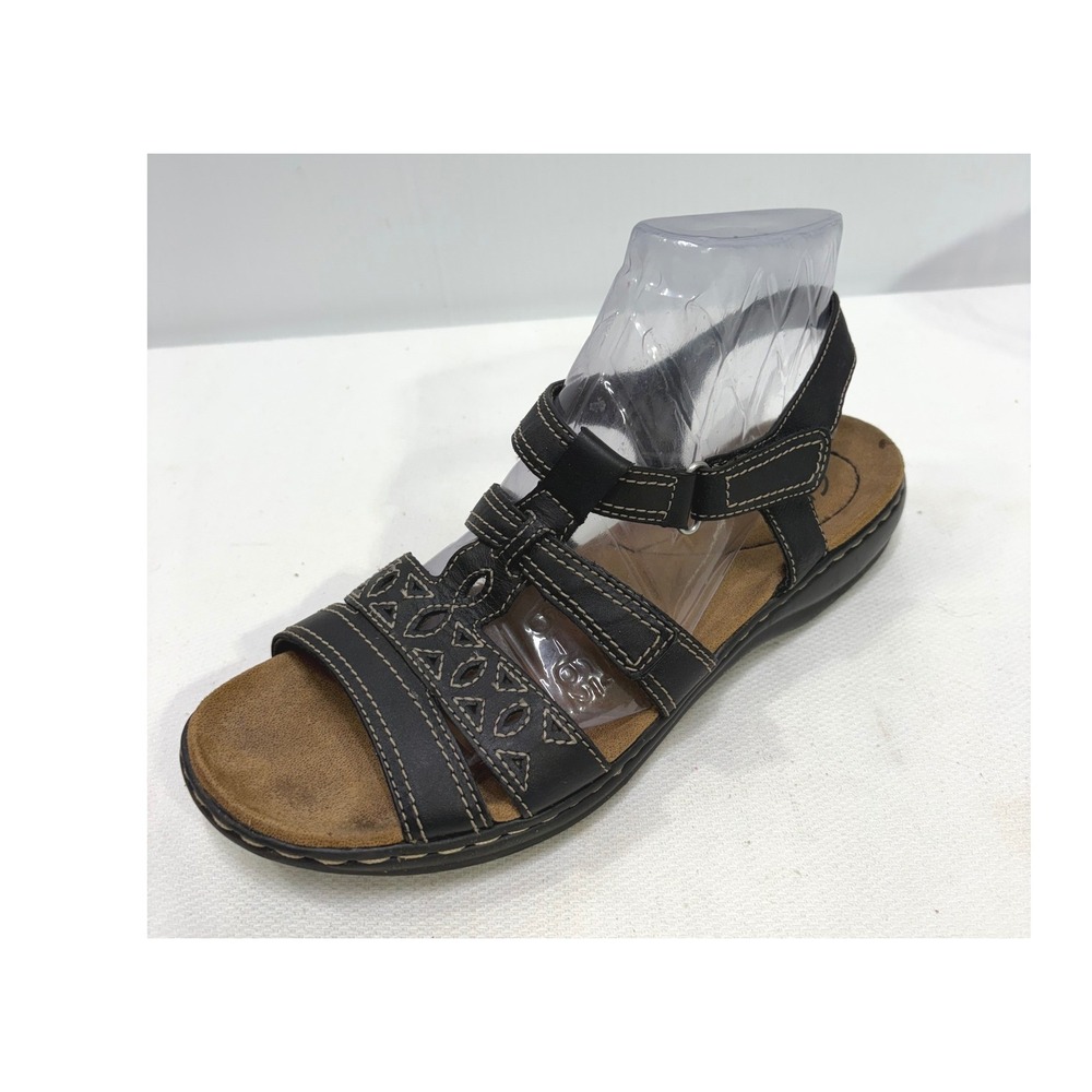 Clarks Collection Womens Black Leather Strappy Sandals Size 10 26100390